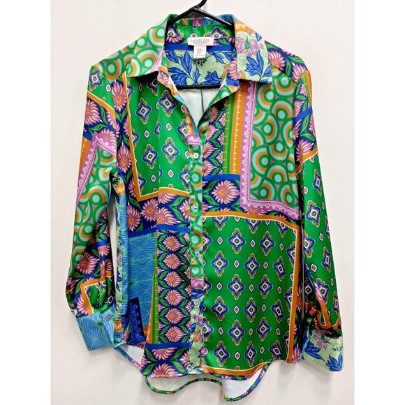 Rachel Zoe Tops - Rachel Zoe BOHO Top Womens Medium Floral Patchwork Satin Button Up Long Sleeve